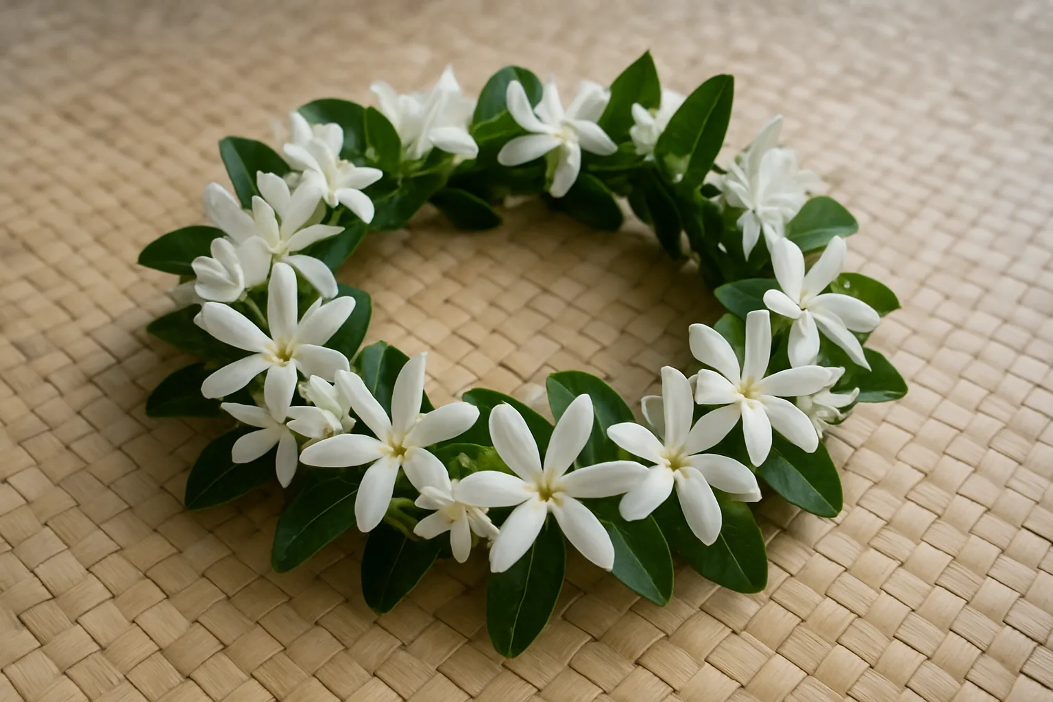Couronne de fleurs tahitienne (hei) en tiare et feuillage