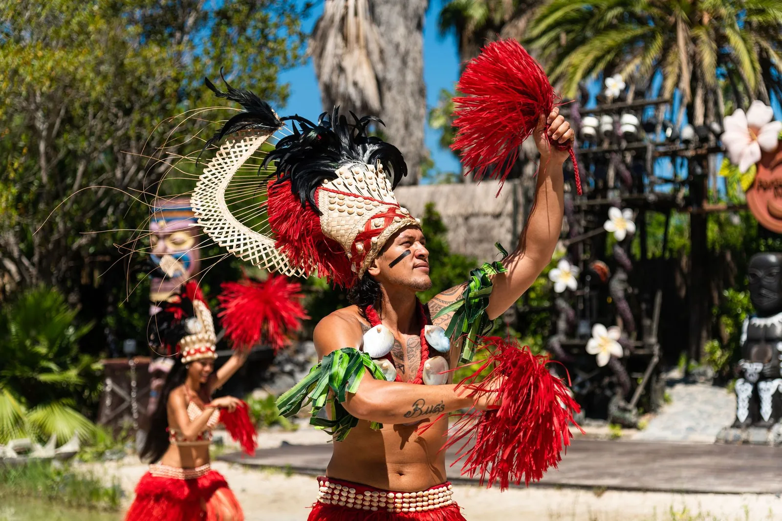 Danseur de 'ori tahiti en coiffe de pandanus et ī'ī rouges, Polynésie française