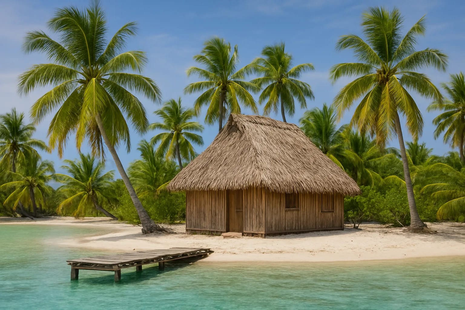 Illustration d'un fare de pension de famille au toit de pandanus sur un motu, avec ponton en bois et lagon turquoise