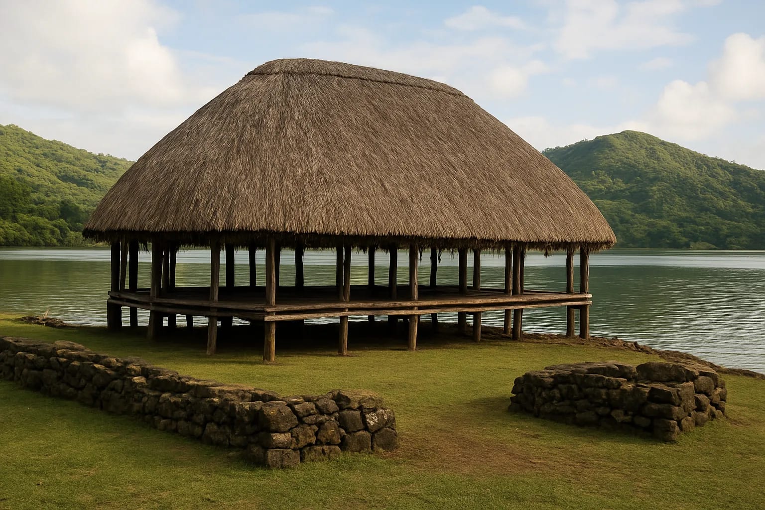 Illustration d'un fare pote'e ovale au toit de pandanus au bord d'un lac, avec des murets de marae, inspirée de Maeva à Huahine