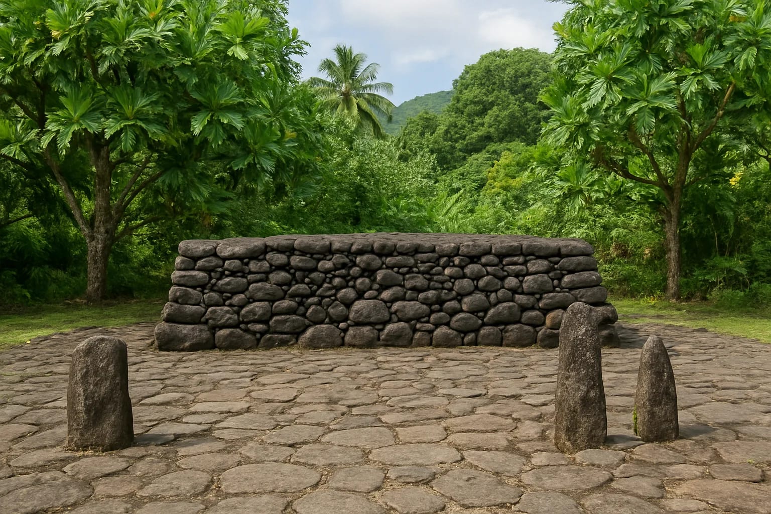 Illustration d'un ahu polynésien : plateforme rectangulaire de pierres sèches, cour pavée et pierres dressées