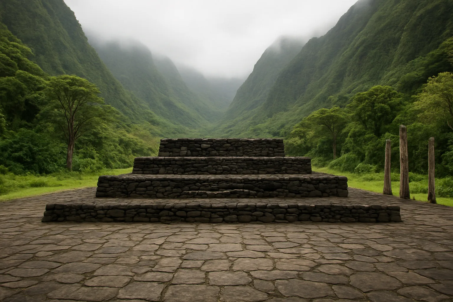 Illustration d'un marae à gradins au fond d'une vallée verdoyante de Tahiti, à la manière d'Arahurahu