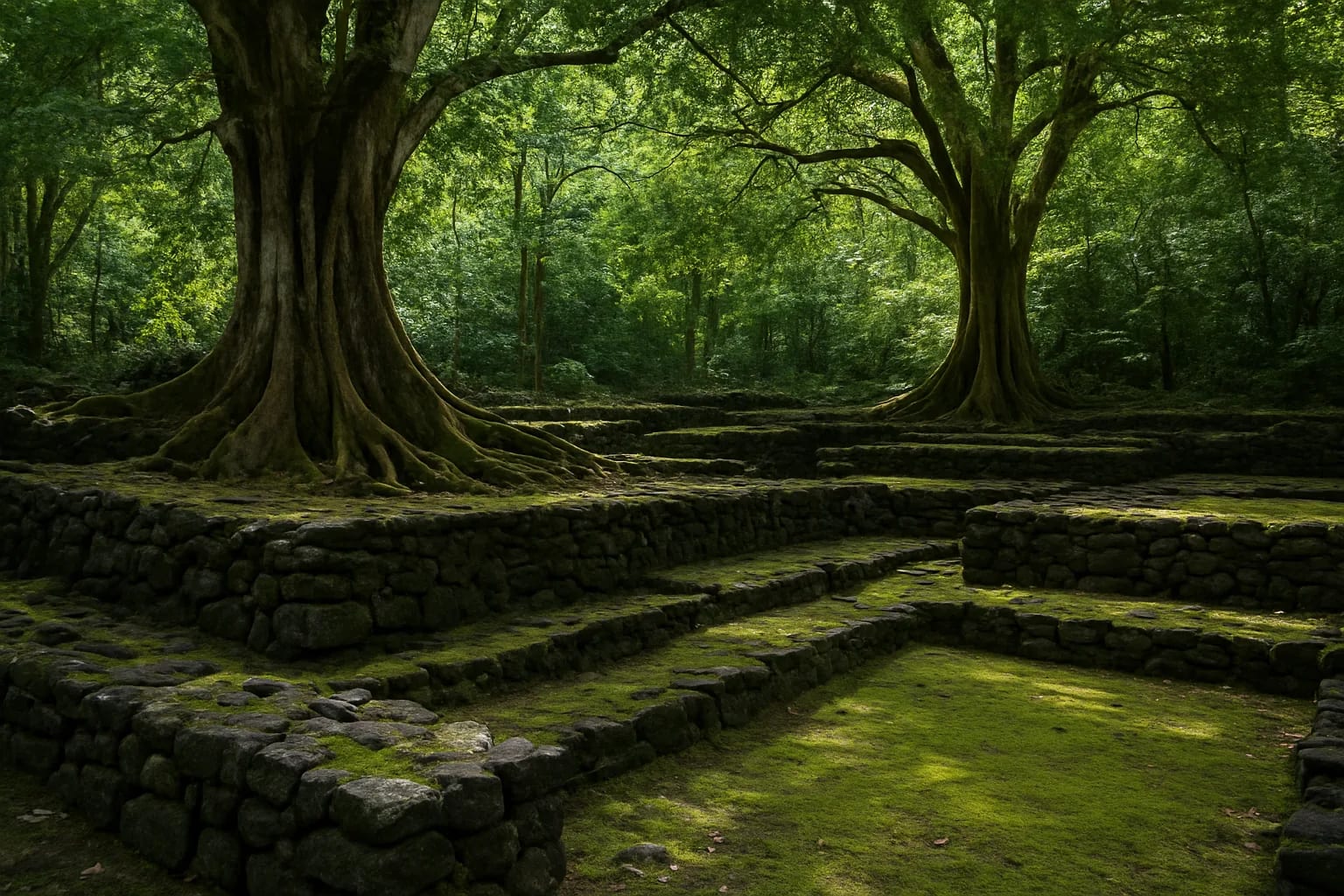 Illustration de murs et terrasses de basalte moussus sous de grands arbres, à la manière des marae de la vallée d'Opunohu à Moorea