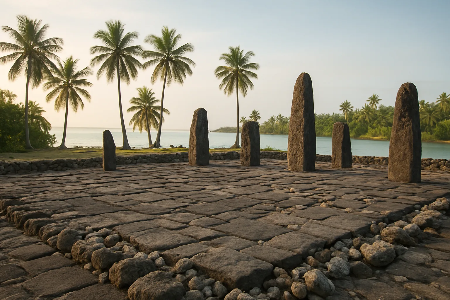 Illustration d'un marae au bord du lagon, à la manière de Taputapuātea : cour de dalles de basalte et pierres dressées sous les cocotiers