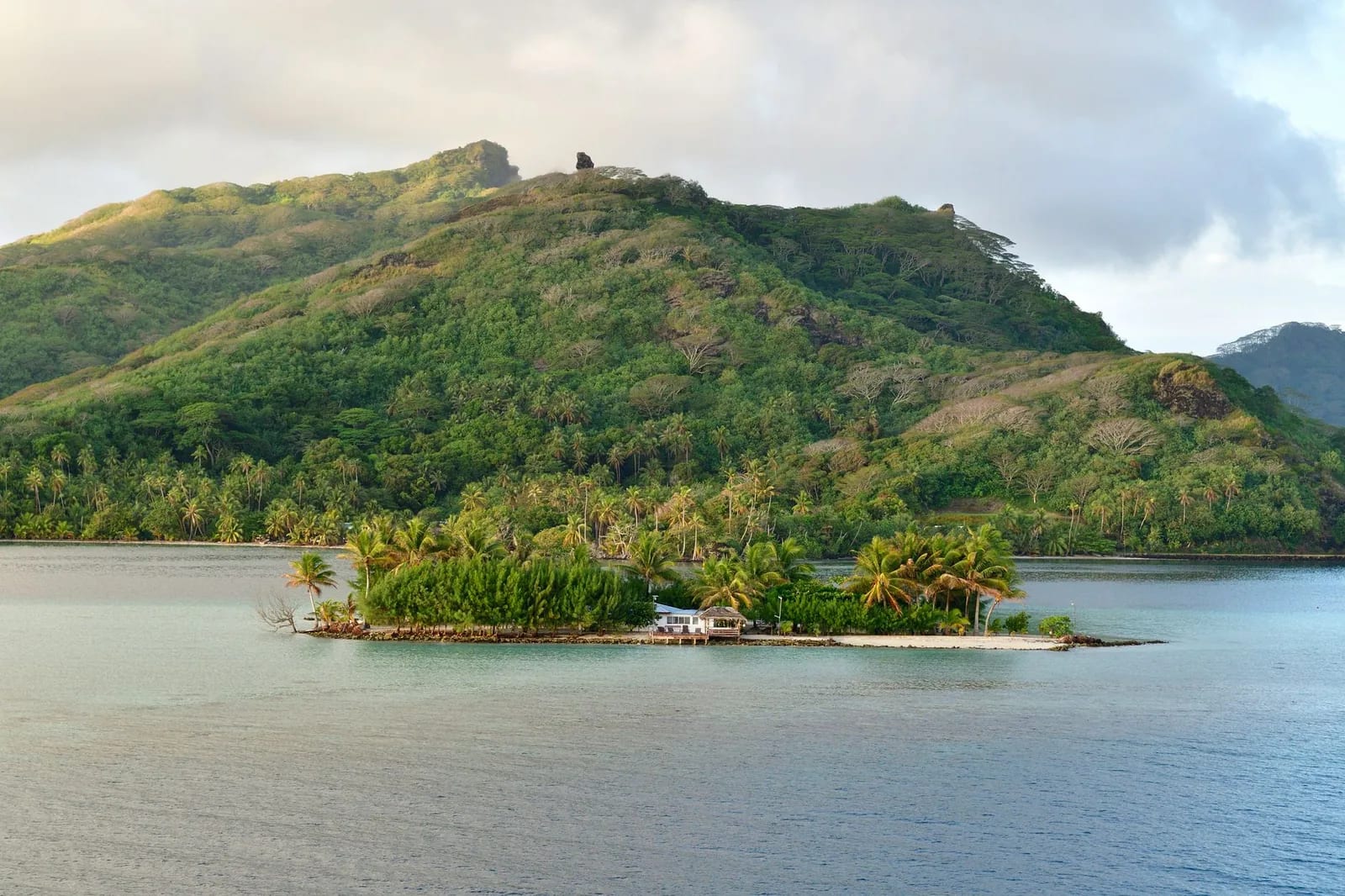 Motu planté de cocotiers au pied d'une île montagneuse, dans un lagon des Îles Sous-le-Vent comparable à celui de Maupiti