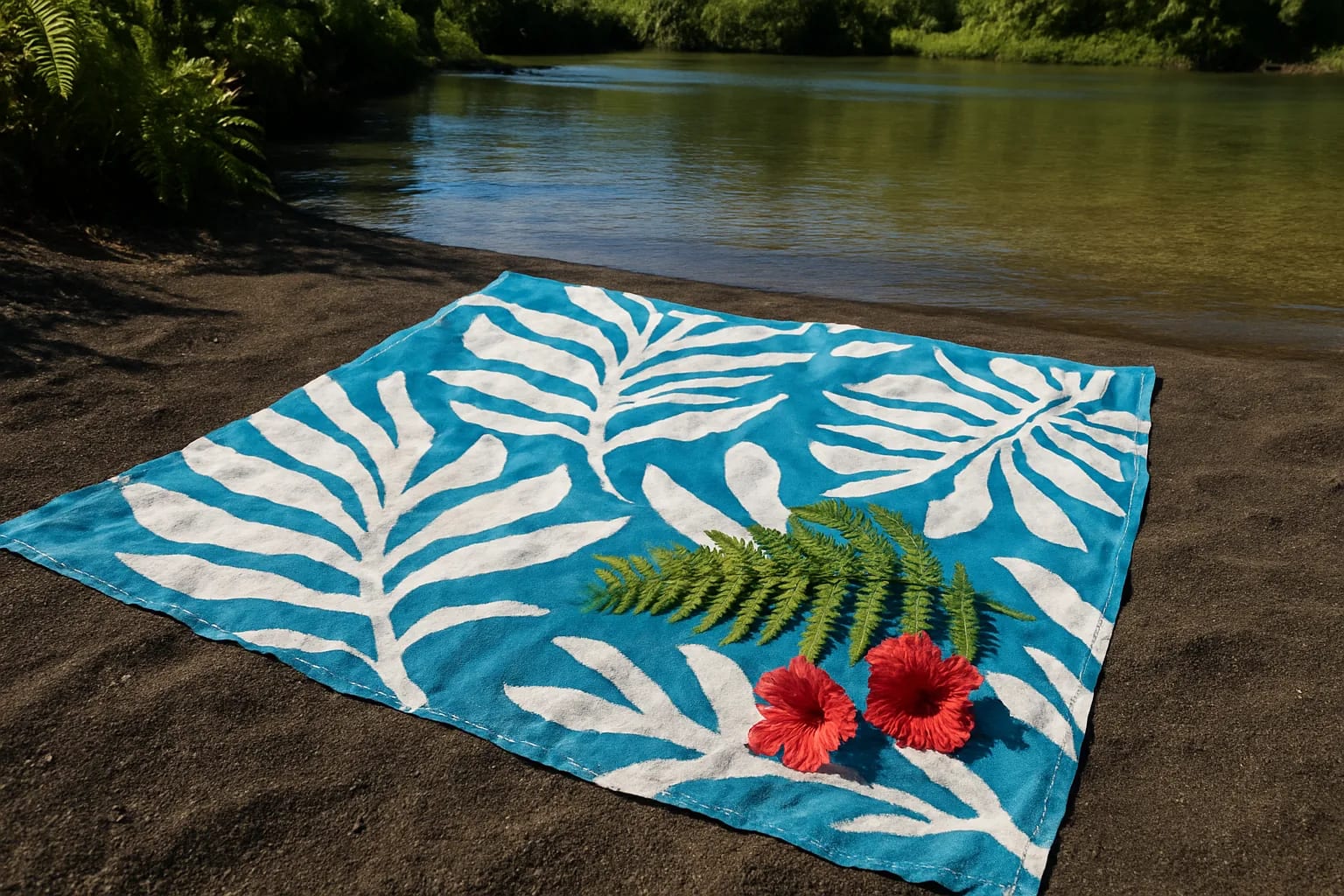 Paréo de coton peint à la main, bleu et blanc, séchant au soleil avec une fougère et des fleurs d'hibiscus posées dessus