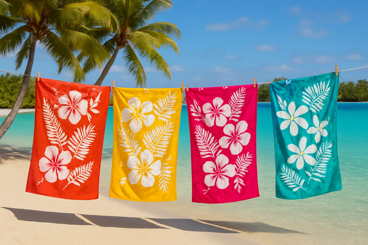 Paréos colorés à motifs d'hibiscus et de fougères suspendus au vent sur une plage, devant un lagon
