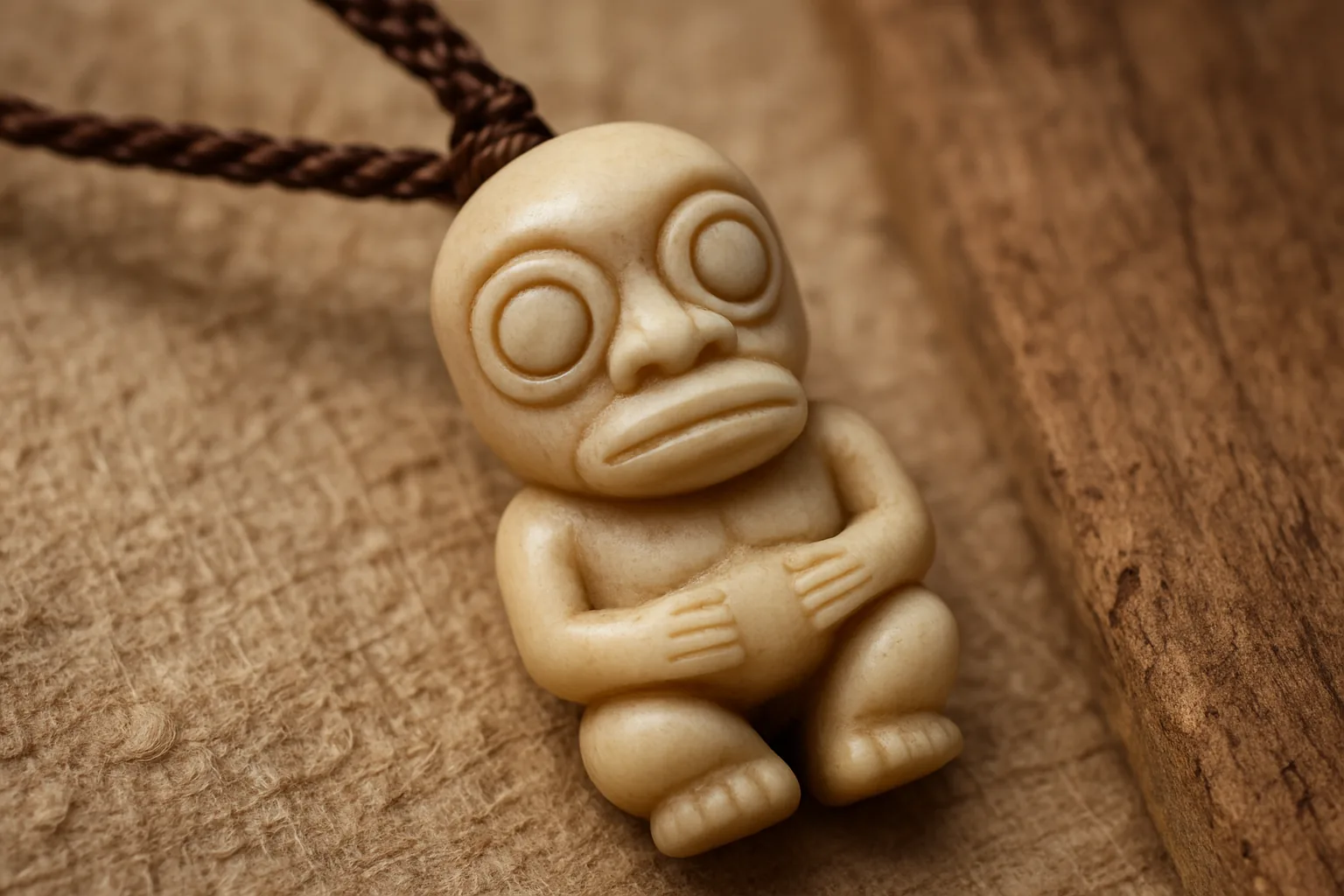 Petit pendentif tiki en os sculpté, accroupi, aux grands yeux ronds et aux mains sur le ventre, sur un cordon tressé posé sur du tapa
