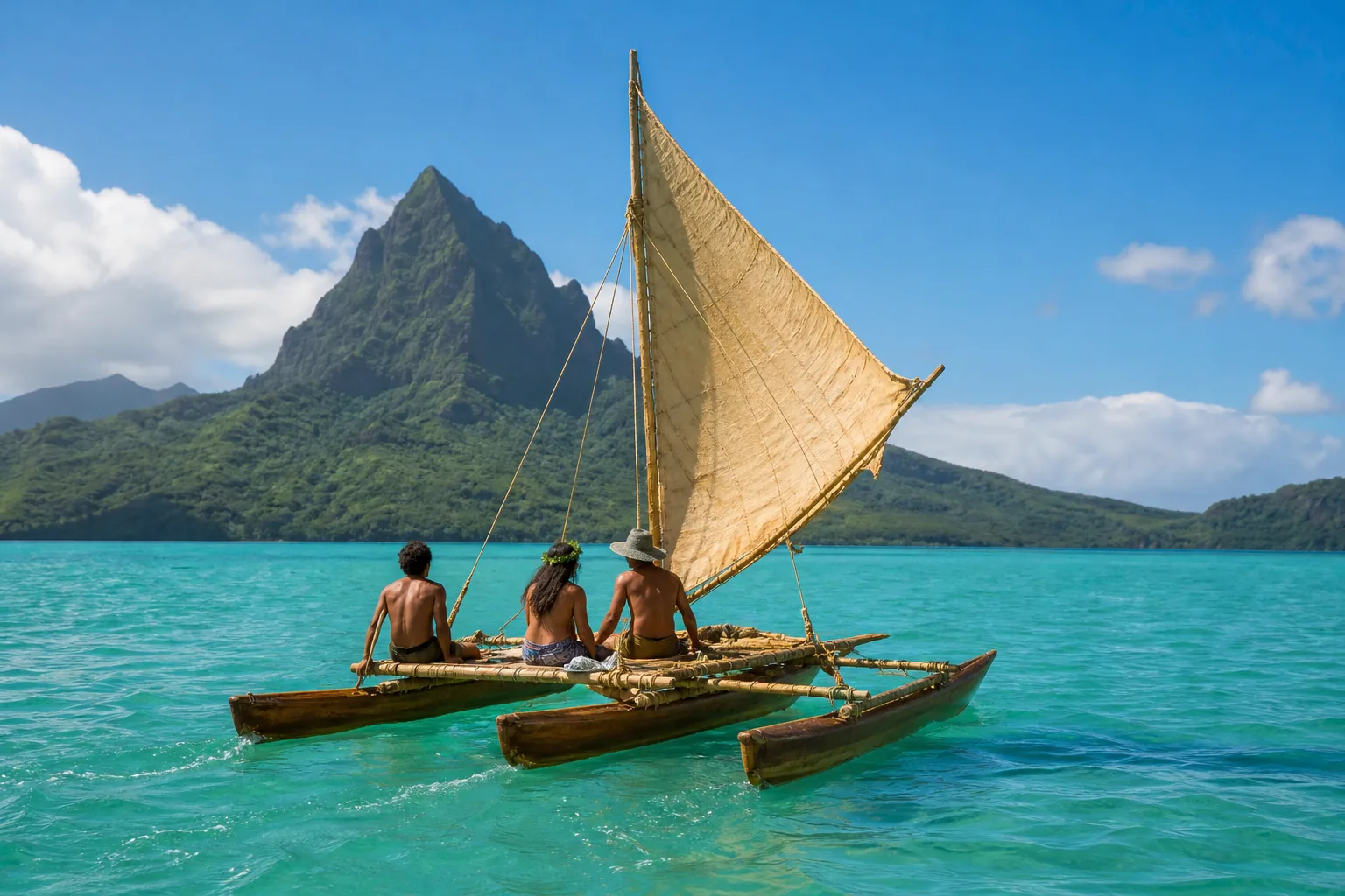 Pirogue double à voile triangulaire sur un lagon turquoise devant une île haute