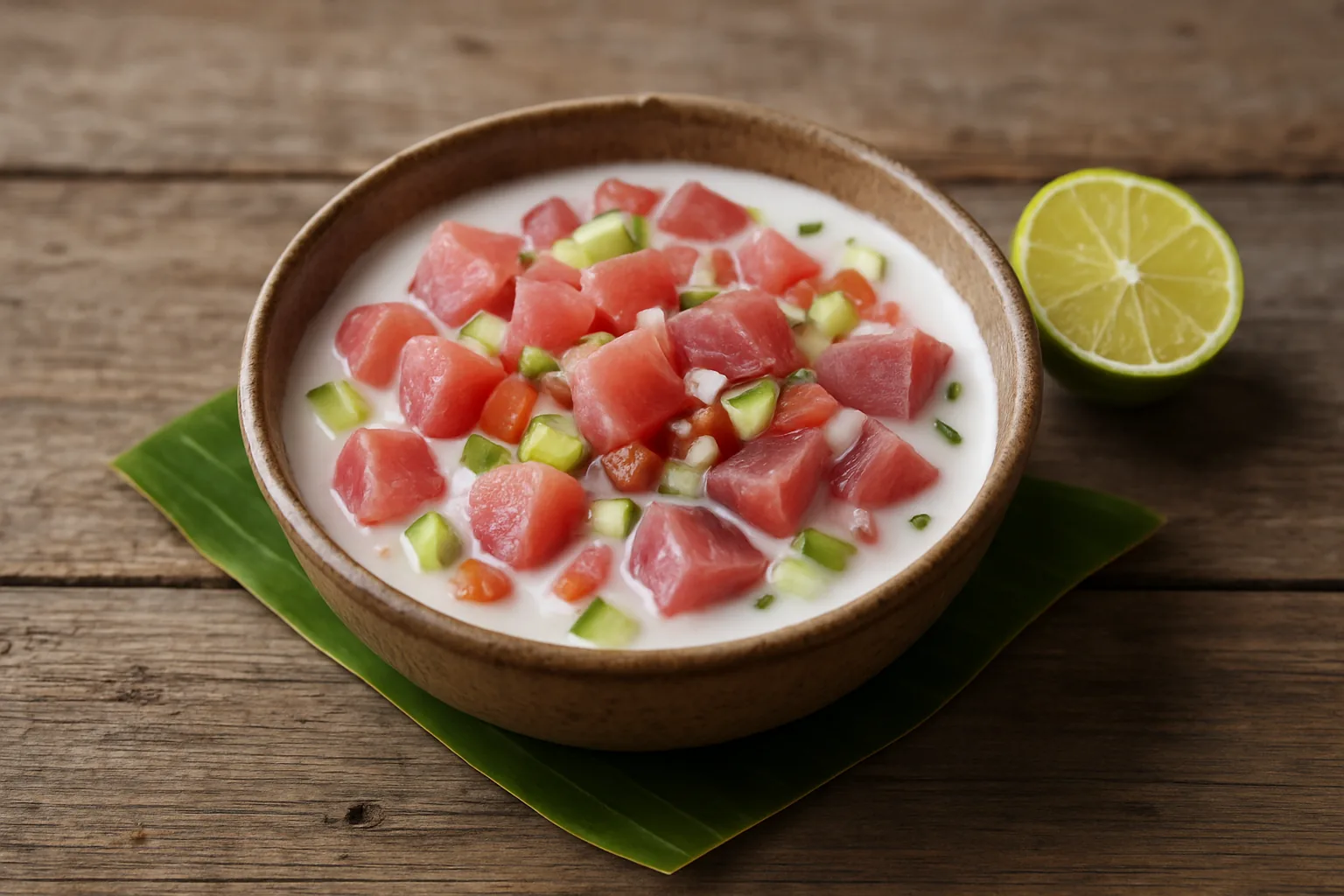 Poisson cru au lait de coco, cubes de thon et légumes croquants