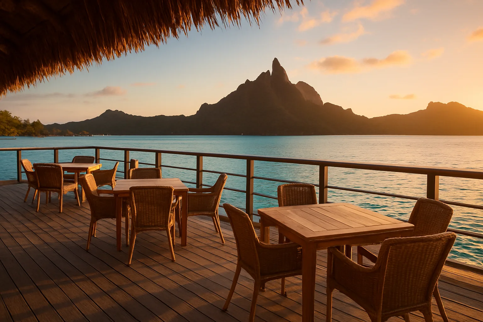 Terrasse en bois d'un restaurant sur pilotis au coucher du soleil, tables et fauteuils en rotin face au lagon de Bora Bora et au mont Otemanu