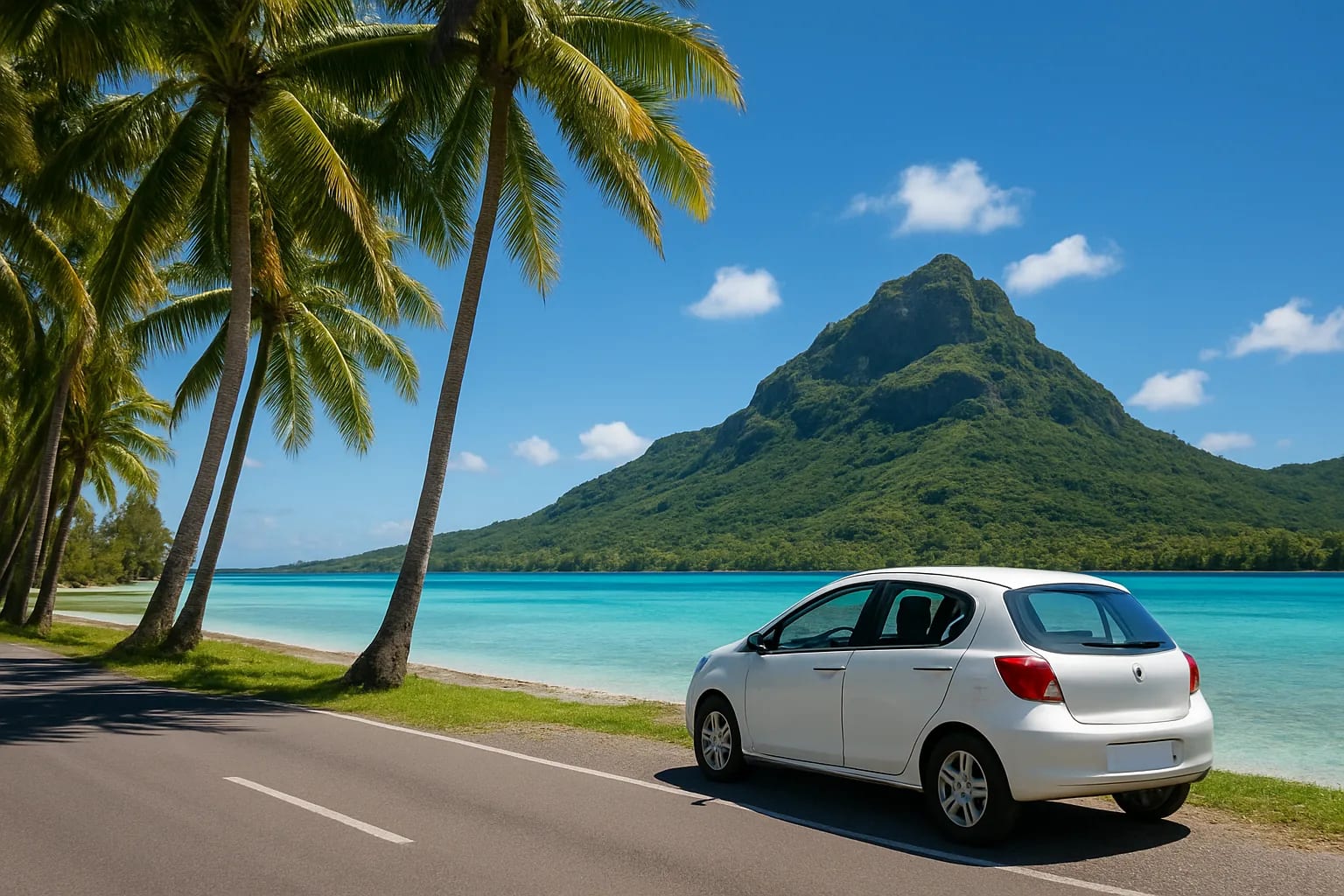 Illustration : petite voiture blanche sur une route côtière bordée de cocotiers, face à un lagon turquoise et une montagne verte