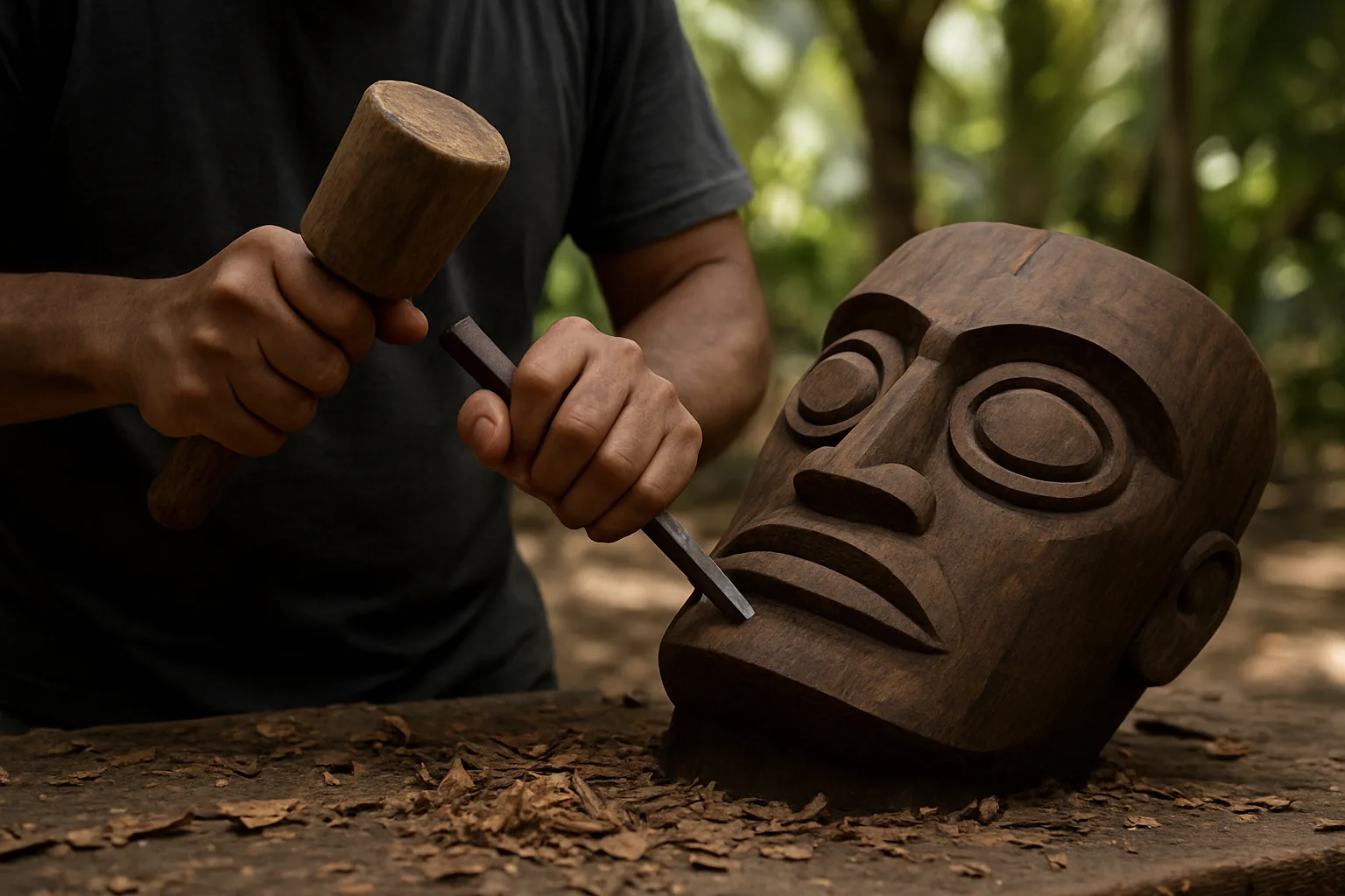 Mains d'un sculpteur taillant au ciseau et au maillet un tiki en bois sombre, en plein air sous les arbres