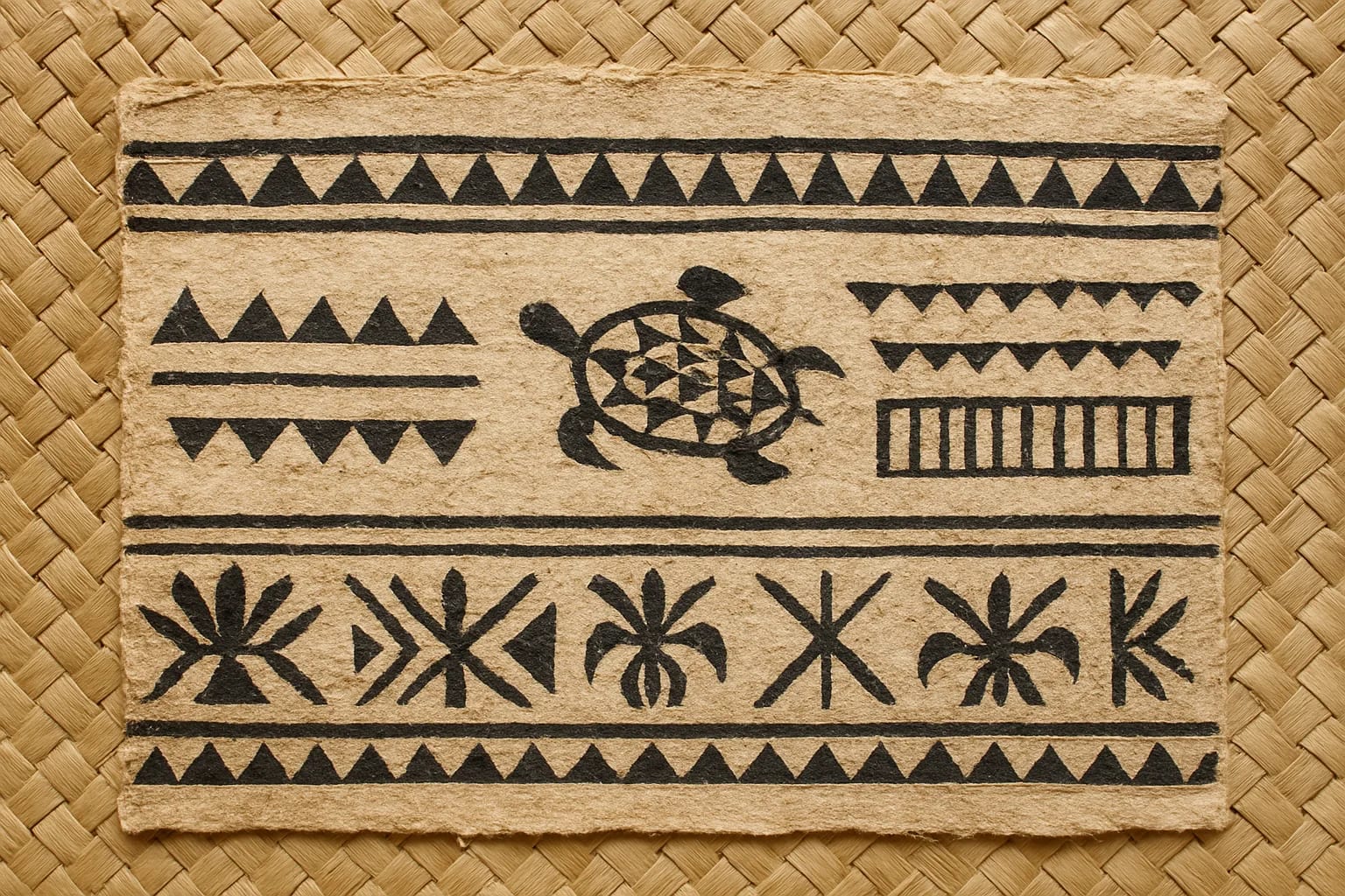 Étoffe d'écorce battue (tapa) beige ornée de motifs géométriques peints en noir, posée sur une natte tressée