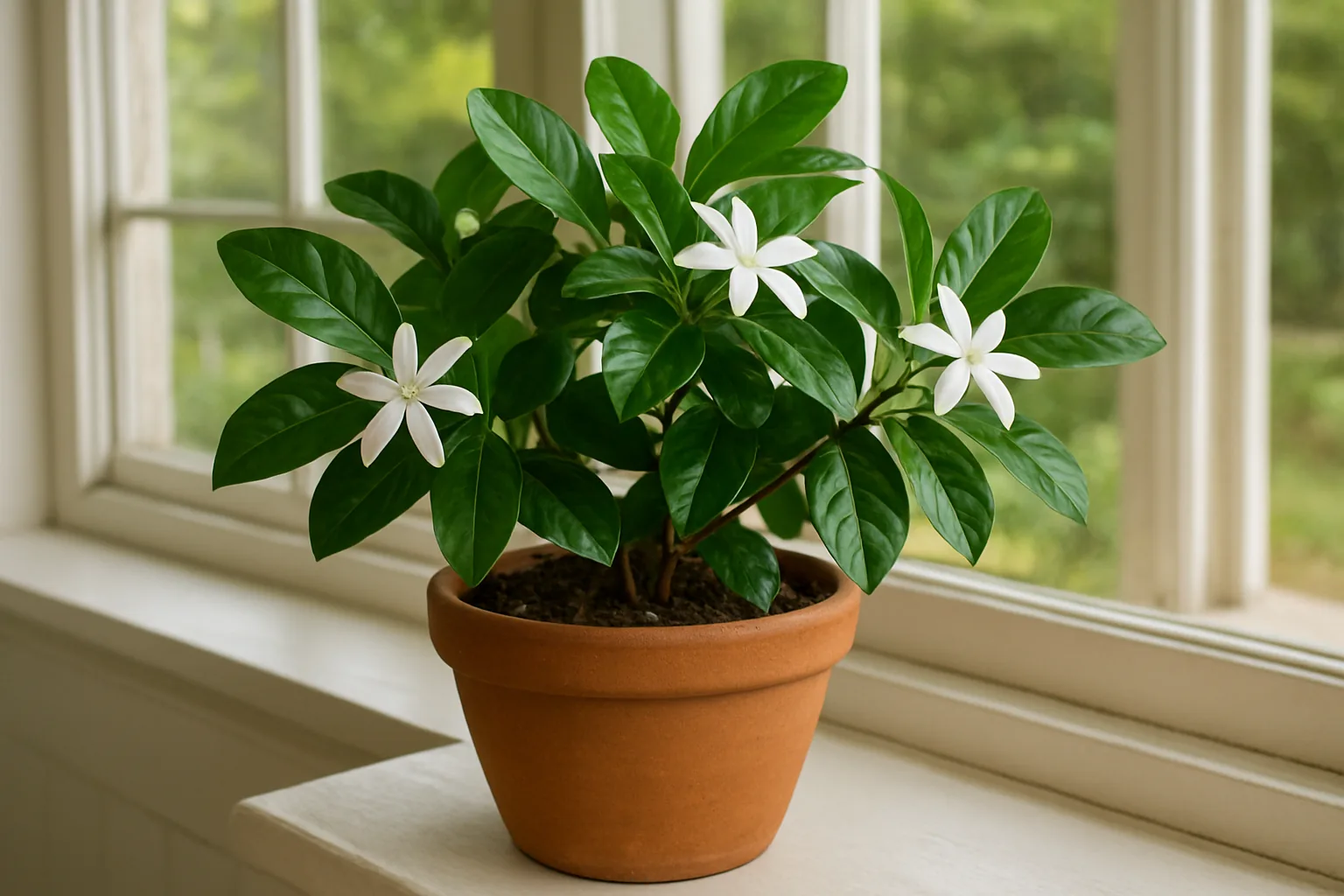 Tiare Tahiti cultivé en pot, feuillage vernissé et fleurs blanches