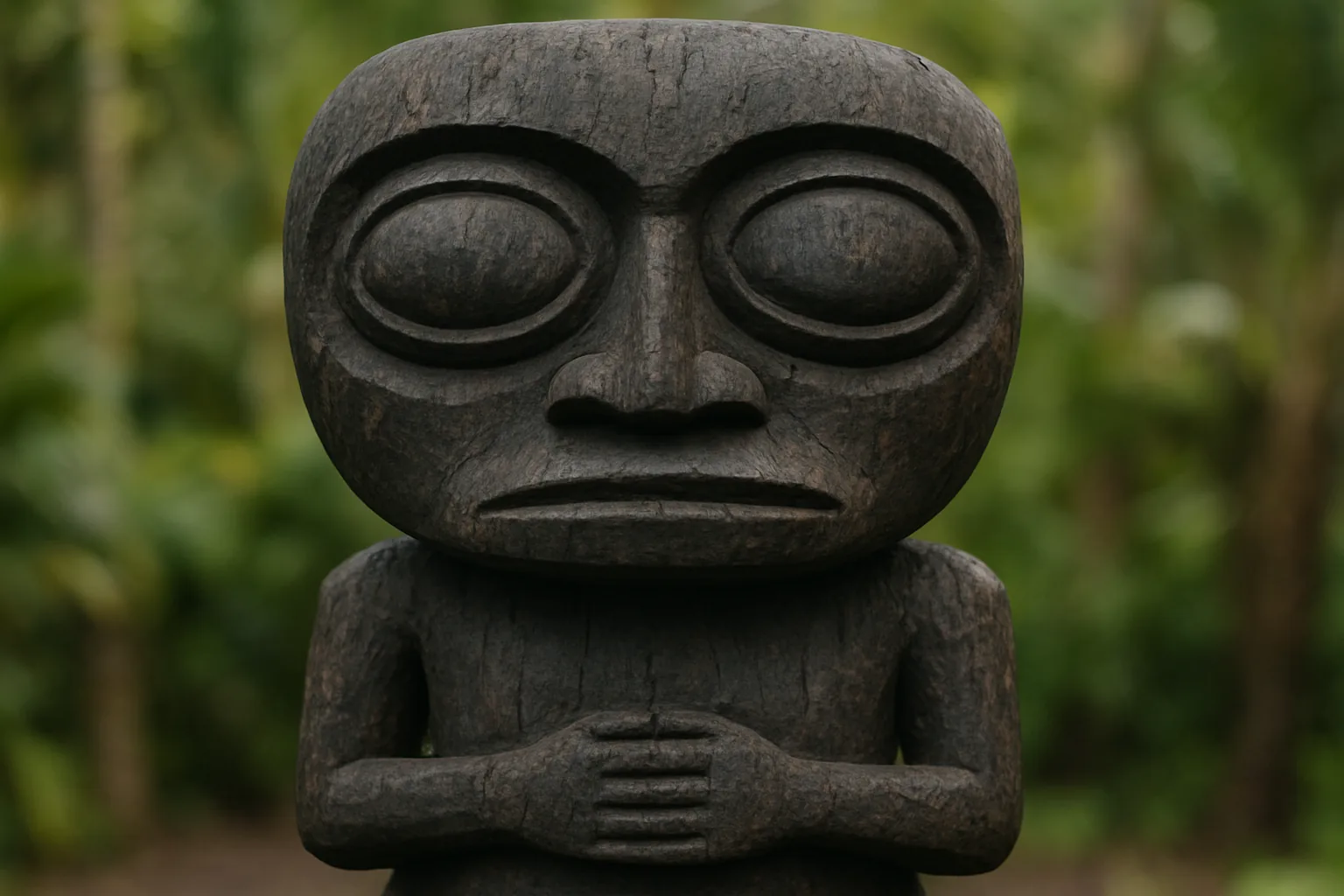 Gros plan d'un tiki en bois sombre de style marquisien, grande tête, yeux ovales cerclés, bouche étirée et mains jointes sur le ventre