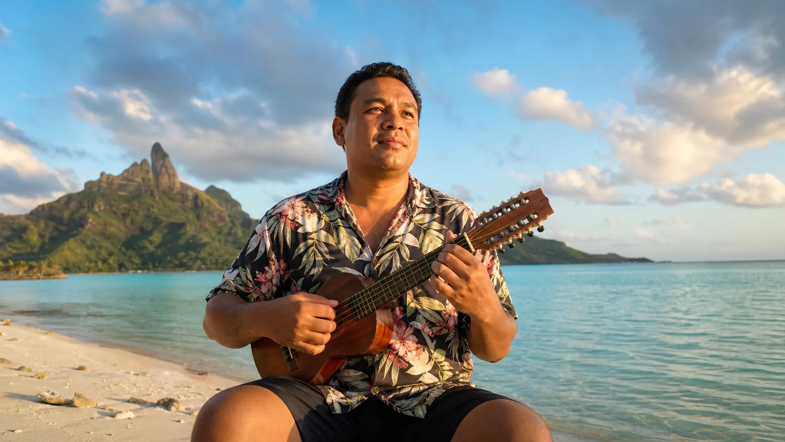 Musicien polynésien en chemise à fleurs jouant du ukulele sur une plage, face à un lagon turquoise et à une montagne volcanique (illustration)