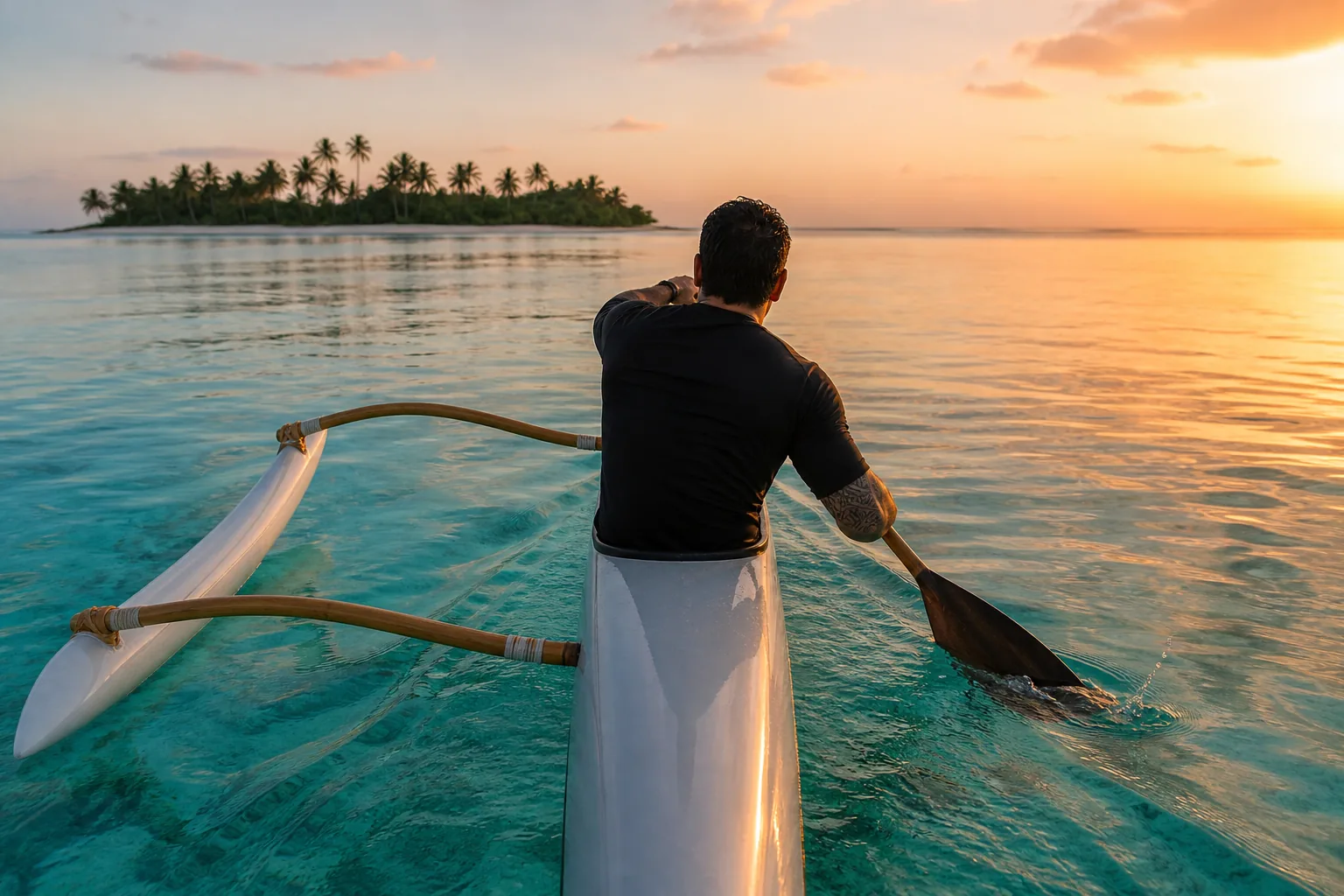 Rameur seul en va'a V1 sur un lagon calme au lever du jour, îlot de cocotiers à l'horizon